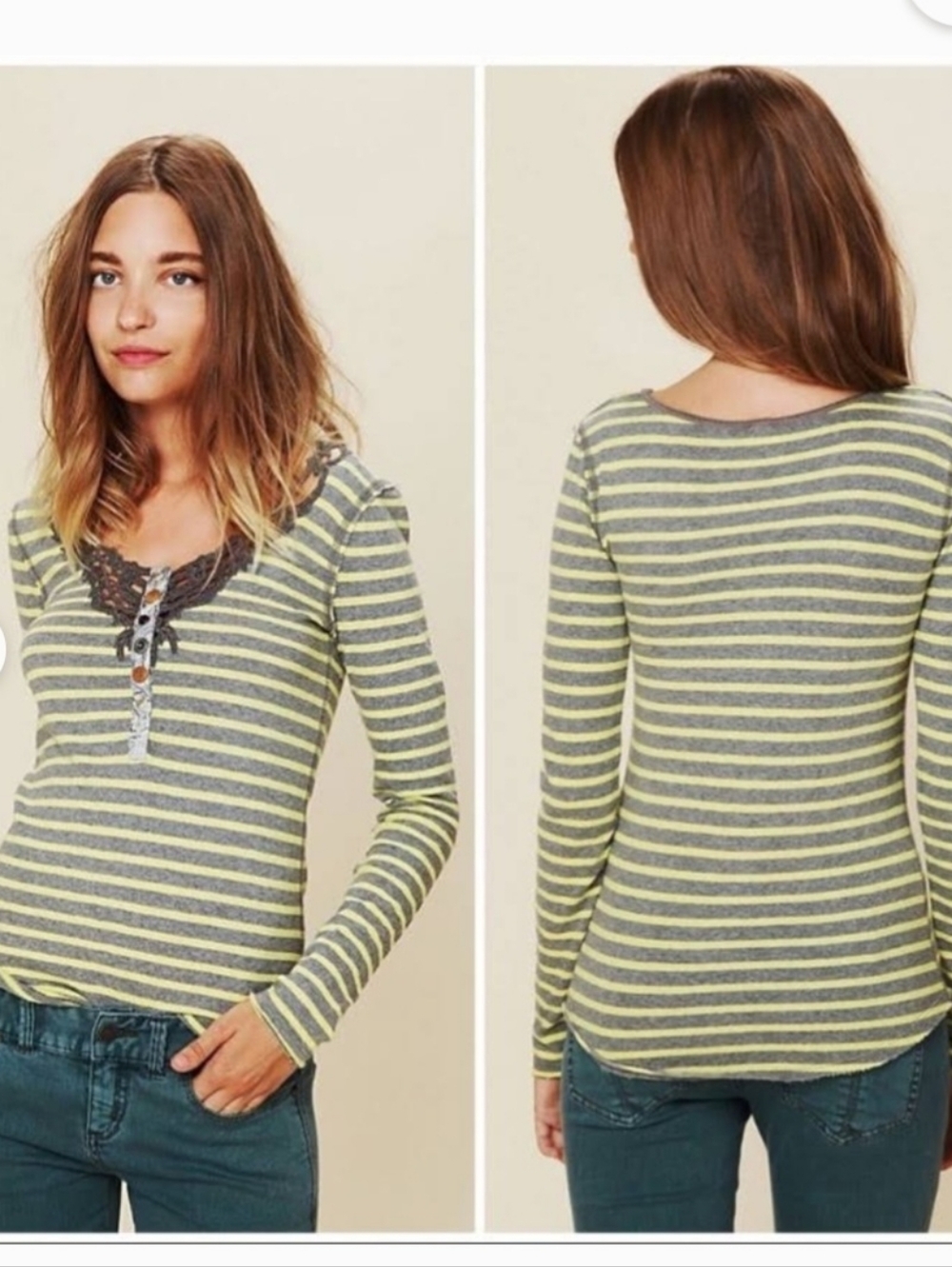 Striped Henley Long-Sleeve Top - Yellow Gray Sz L